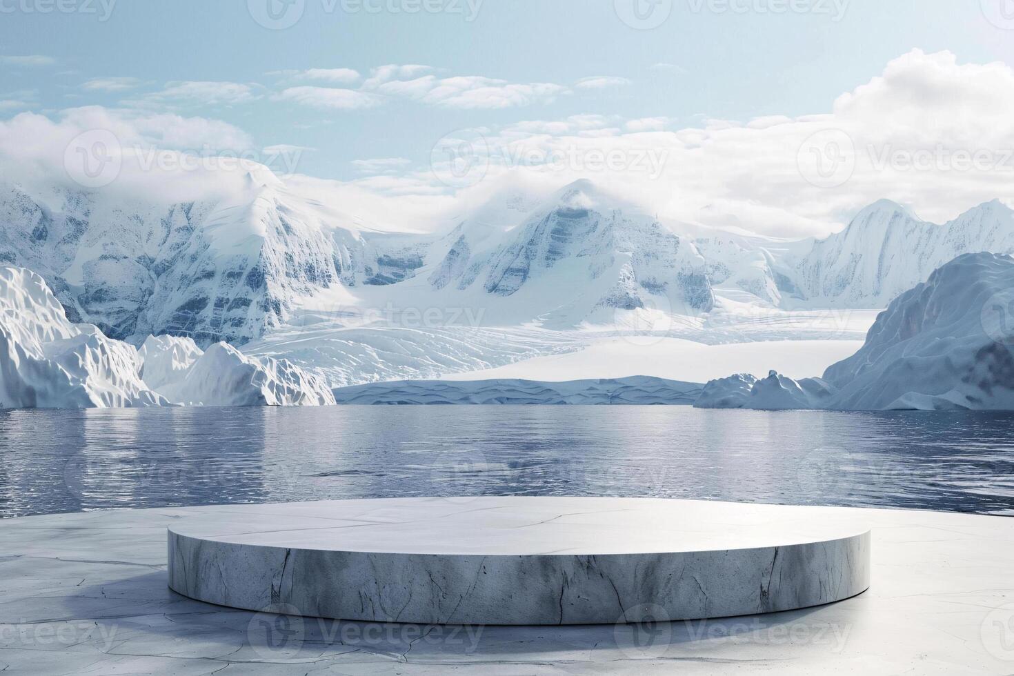 AI generated product podium stage presentaion with glacier background for advertisement photo