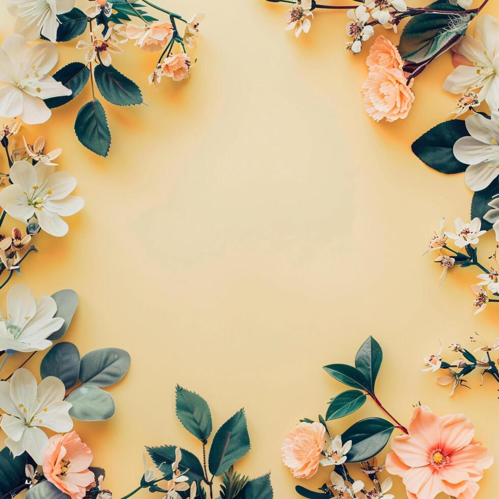 AI generated flowers botanical frame on yellow pastel background photo