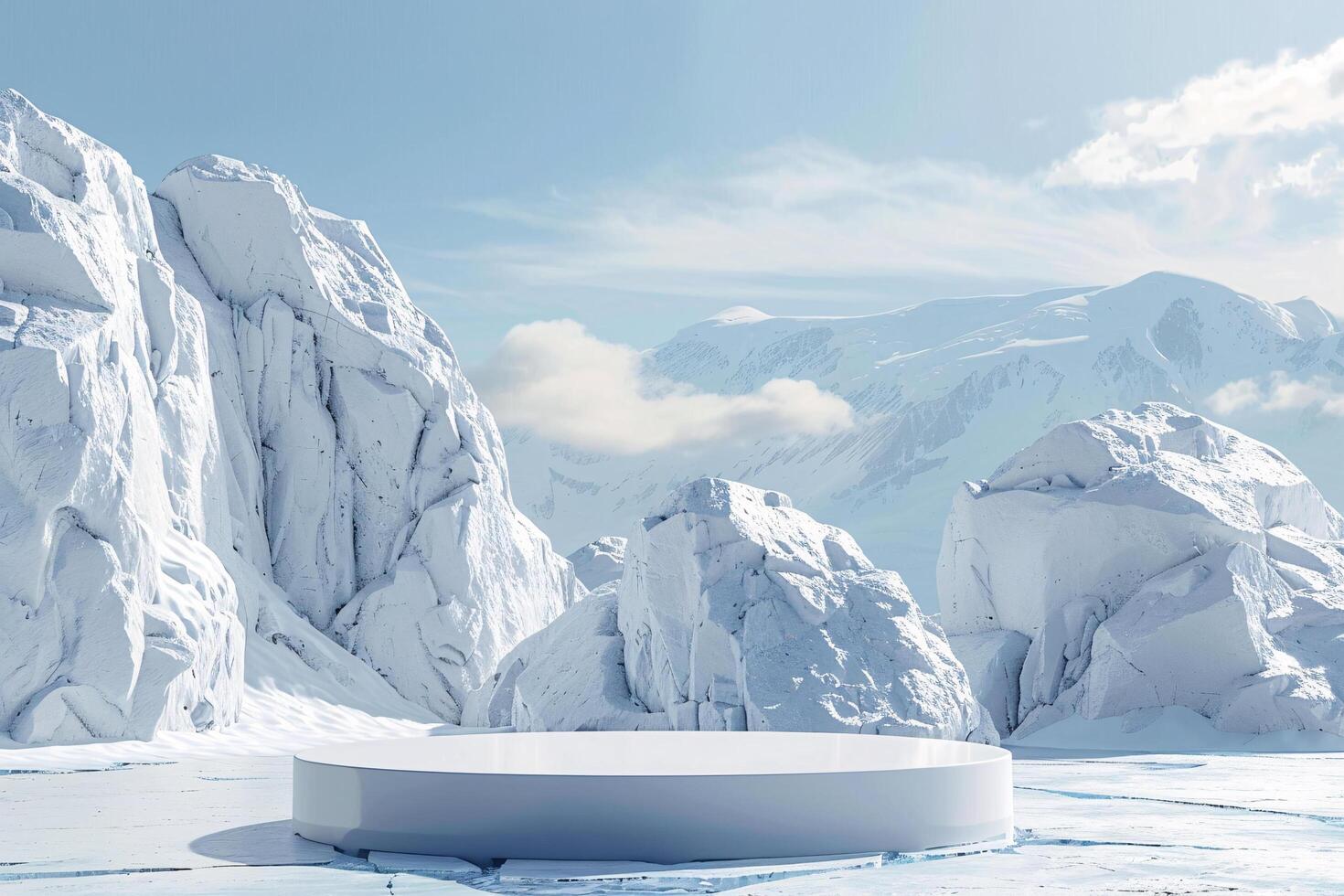 AI generated product podium stage presentaion with glacier background for advertisement photo