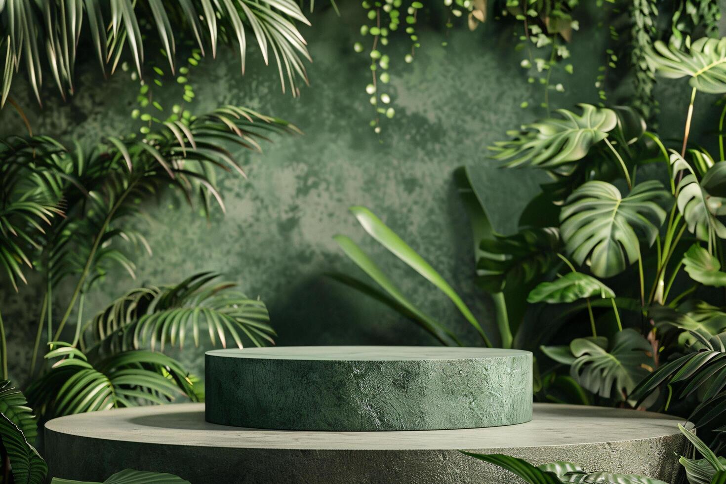 AI generated circular product podium presentation with jungle tropical plants background photo