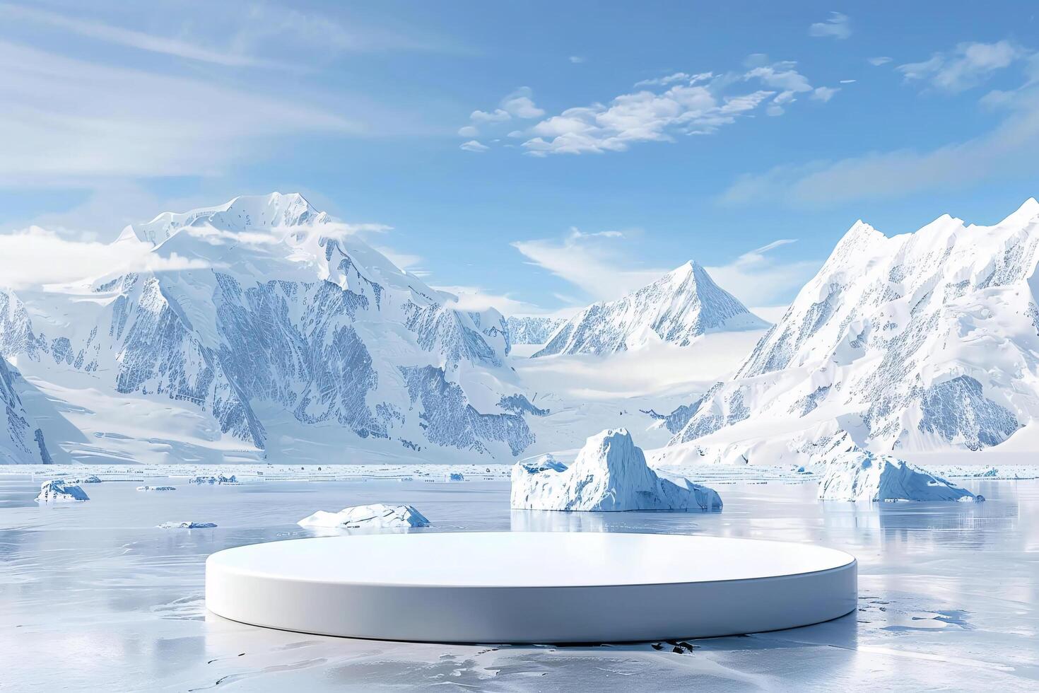 AI generated product podium stage presentaion with glacier background for advertisement photo