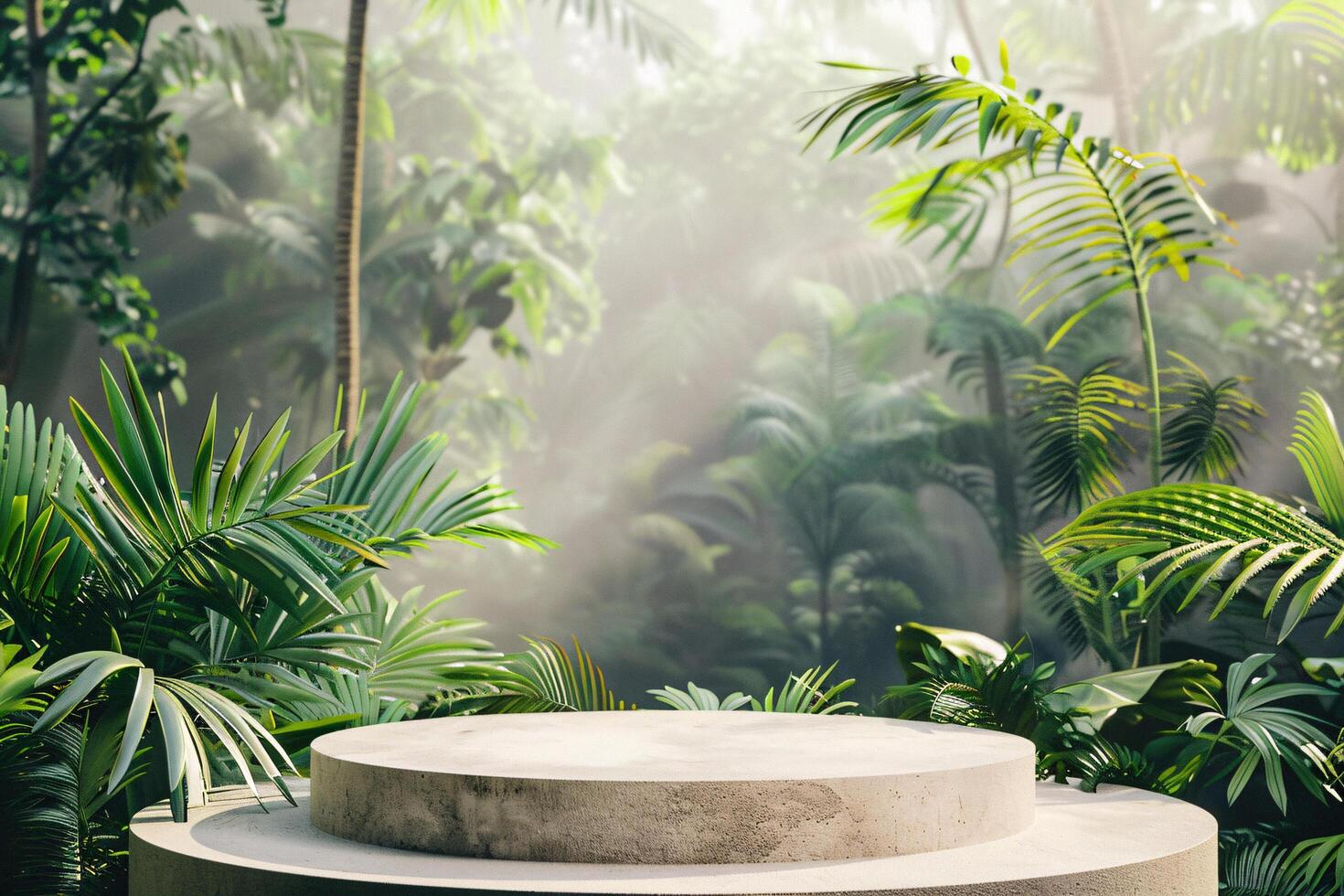 AI generated circular product podium presentation with jungle tropical plants background photo