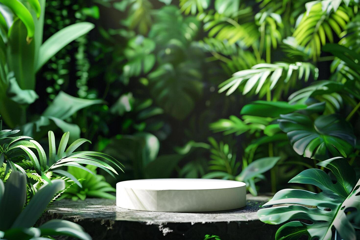 AI generated circular product podium presentation with jungle tropical plants background photo