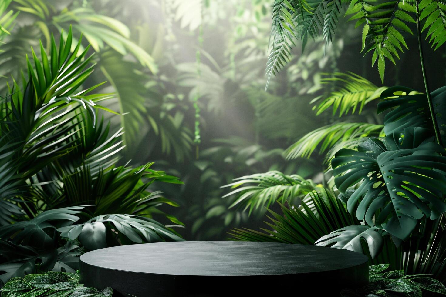 AI generated circular product podium presentation with jungle tropical plants background photo