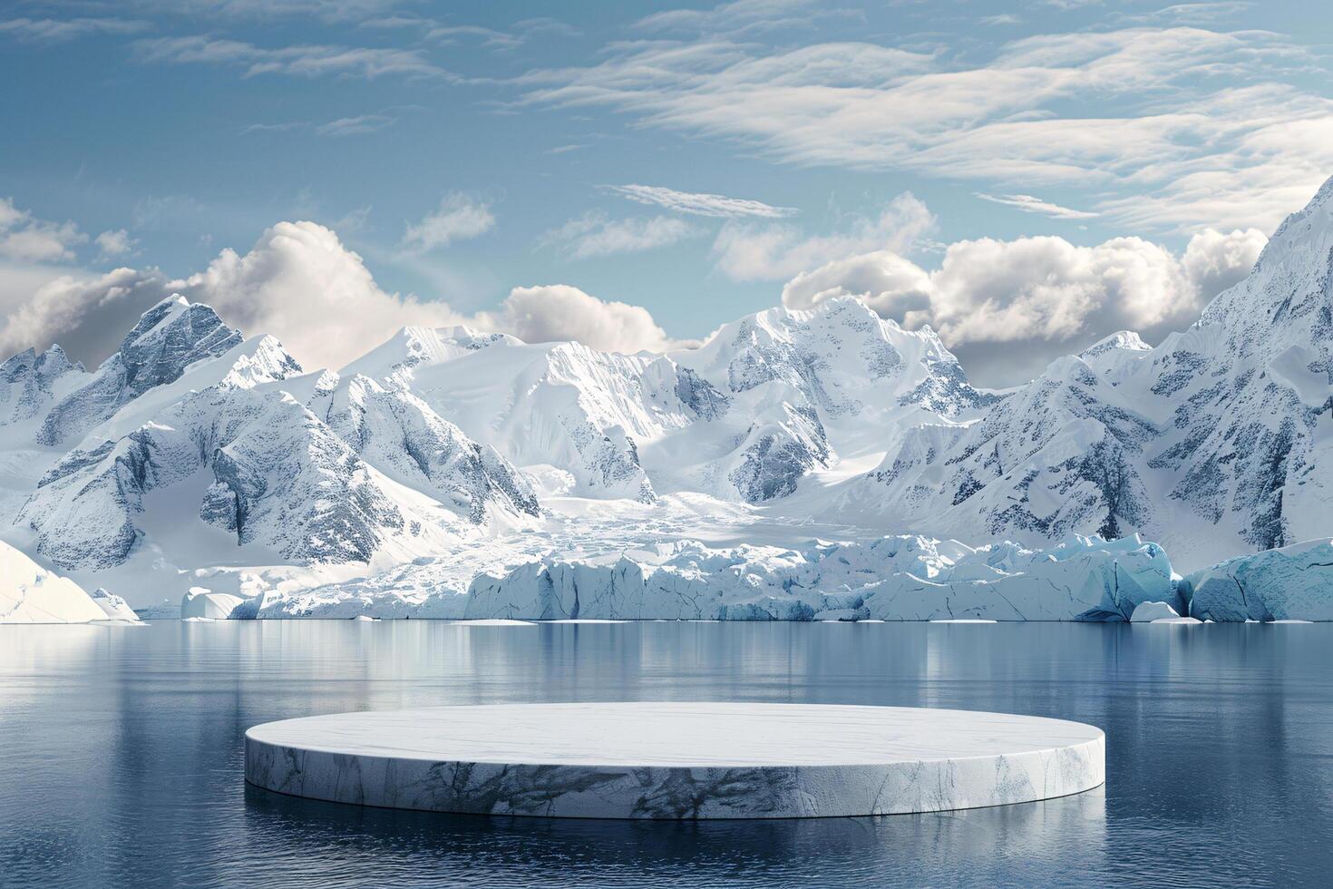 AI generated product podium stage presentaion with glacier background for advertisement photo