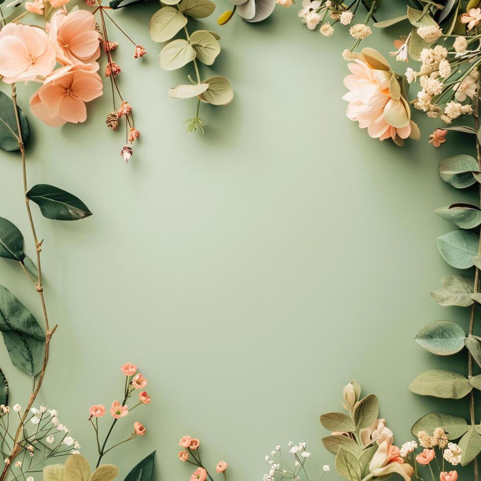 AI generated flowers botanical frame on olive pastel background photo