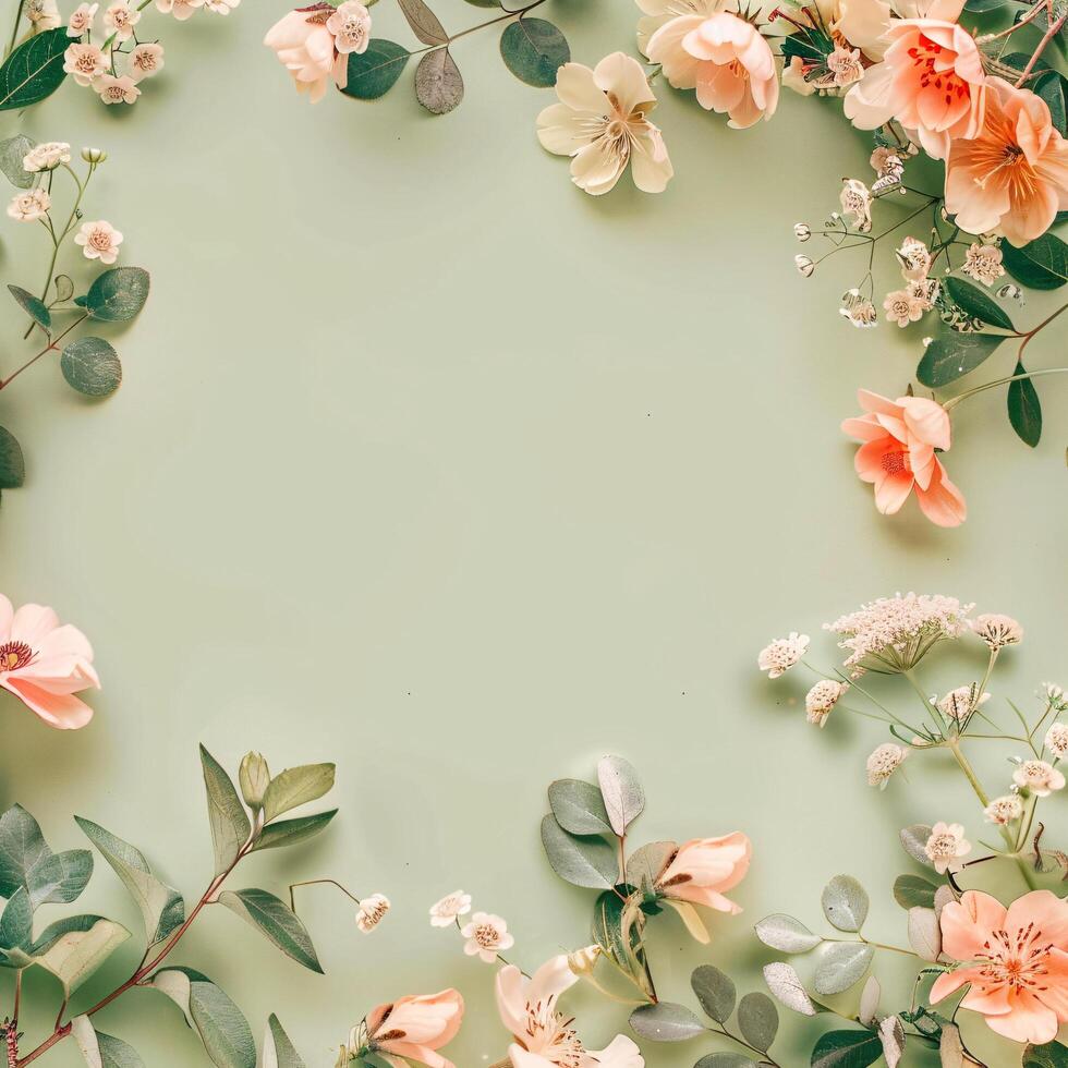 AI generated flowers botanical frame on olive pastel background photo