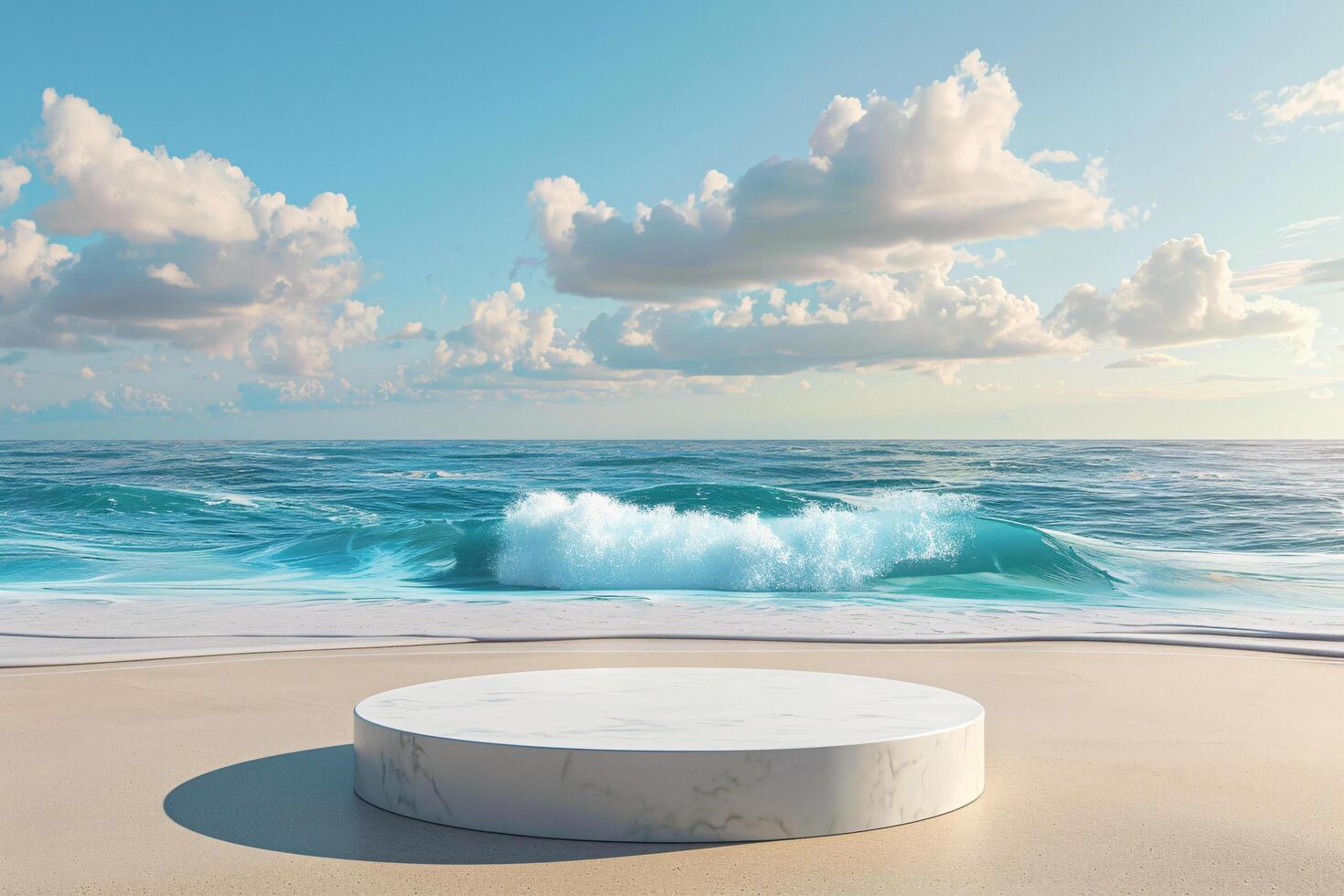 AI generated product podium display with beautiful sand beach daylight time for advertisement ai generated photo