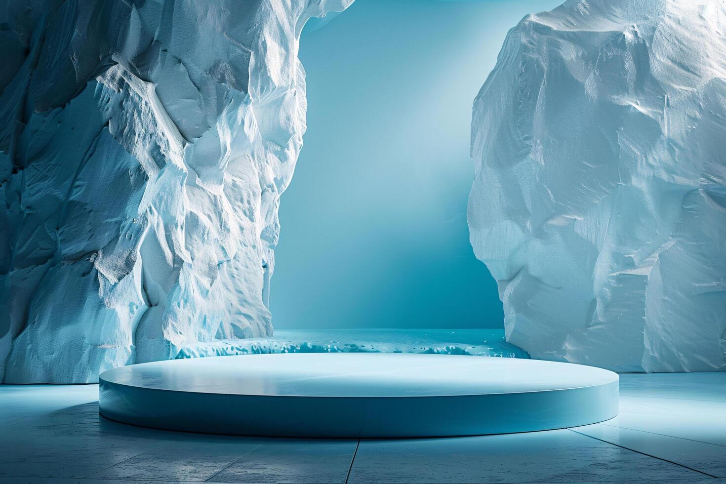AI generated product podium stage presentaion with ice cave background for advertisement photo
