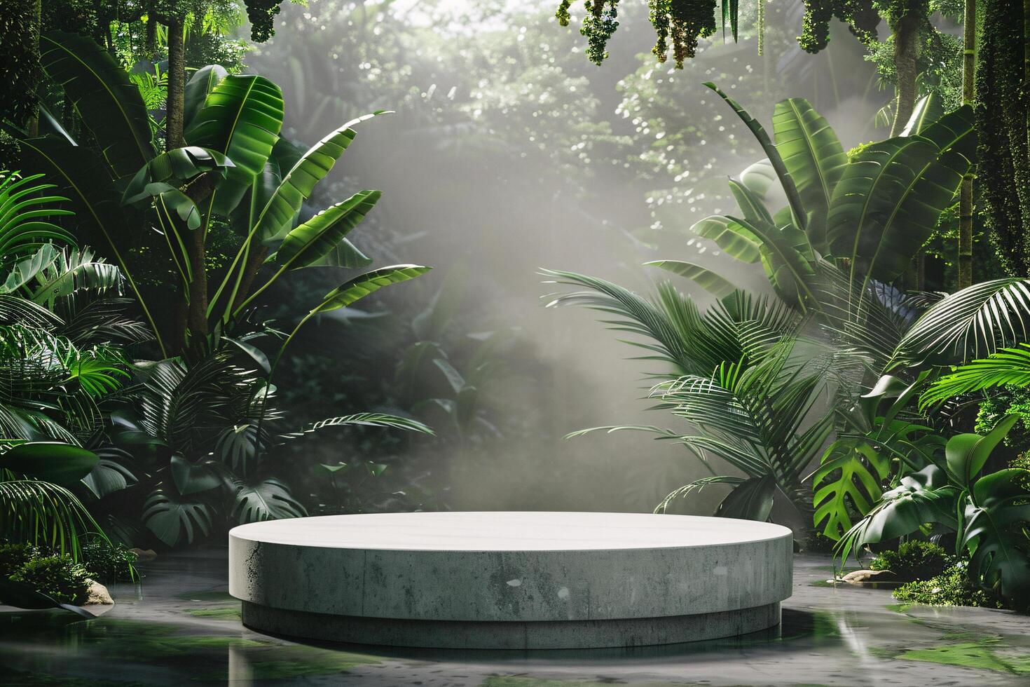 AI generated circular product podium presentation with jungle tropical plants background photo