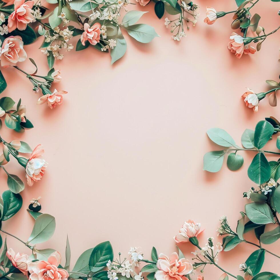 AI generated flowers botanical frame on pink pastel background photo