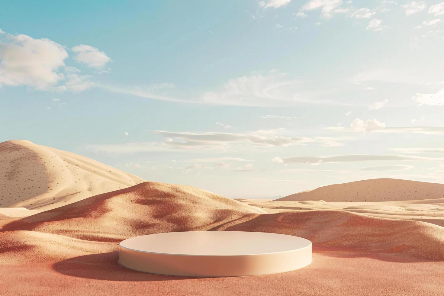 AI generated product podium presentation with desert sand dunes background photo