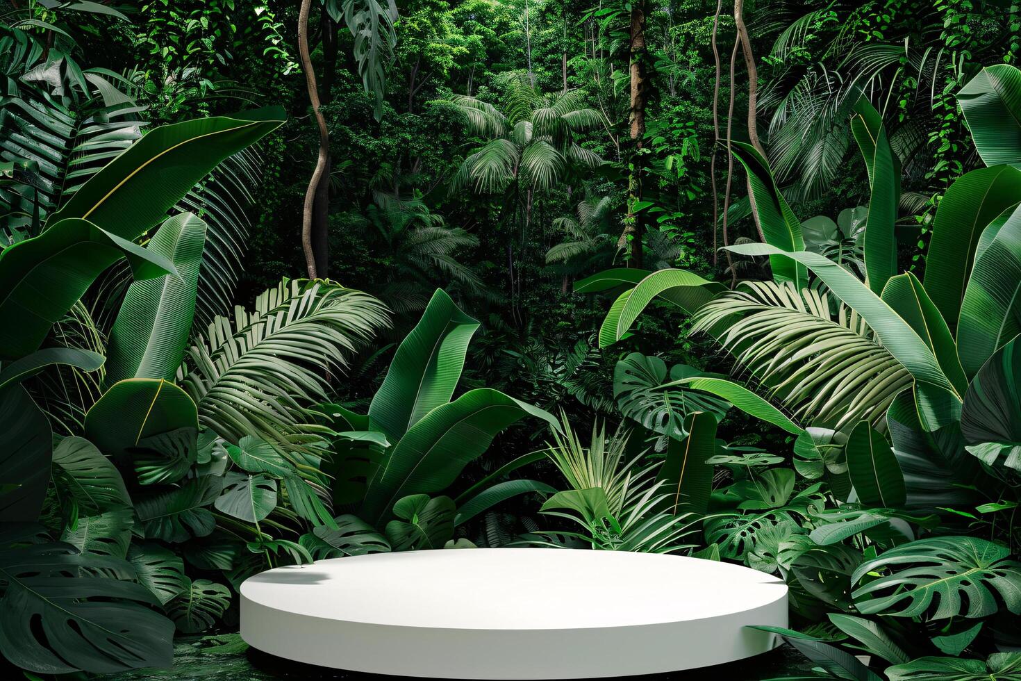 AI generated circular product podium presentation with jungle tropical plants background photo