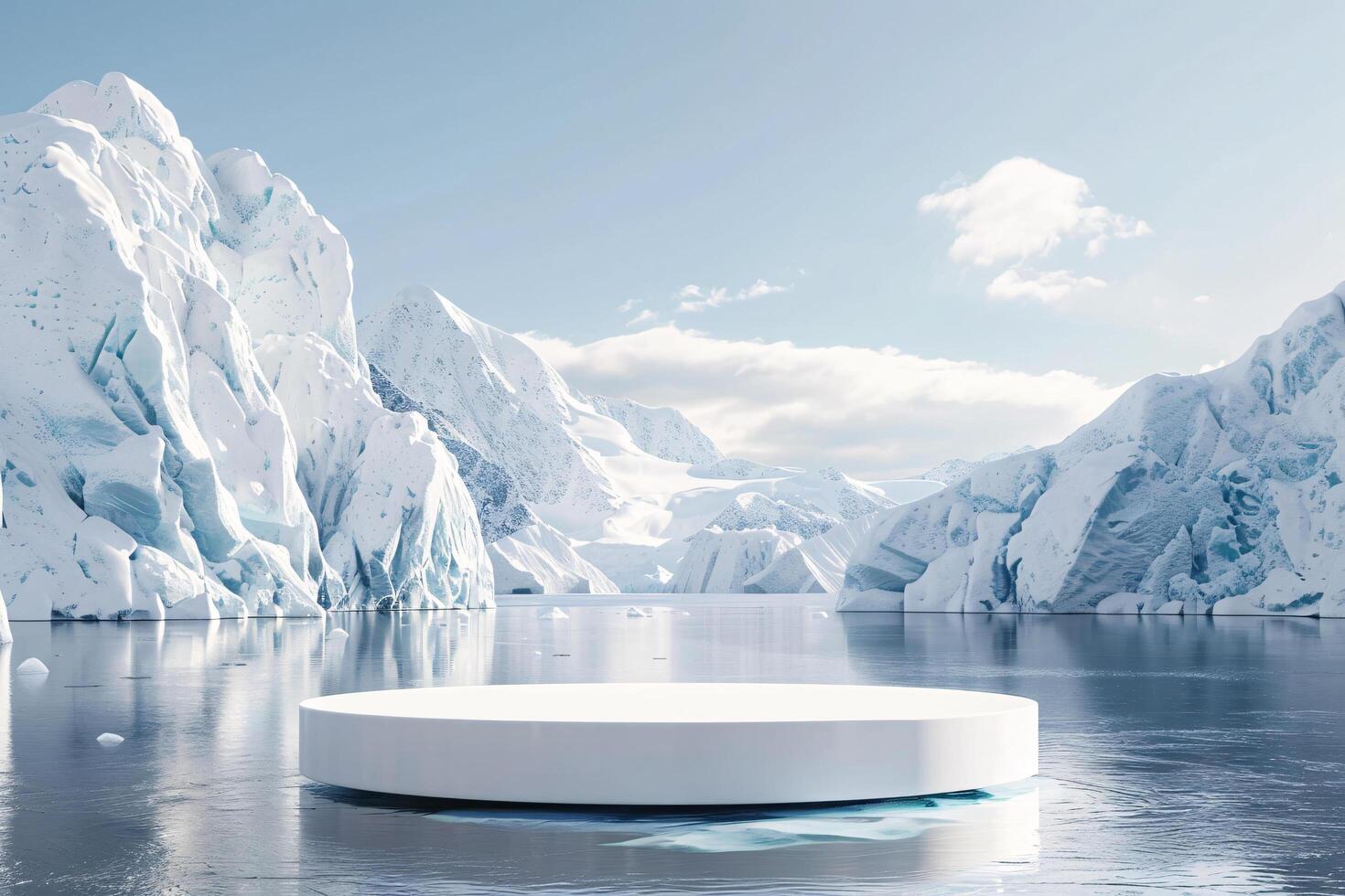 AI generated product podium stage presentaion with glacier background for advertisement photo