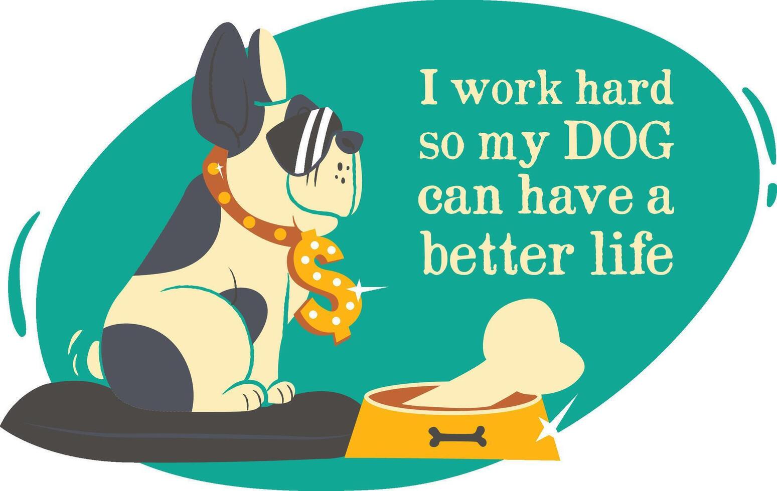 a dog is sitting on a bowl and has a bowl with a bone in it vector