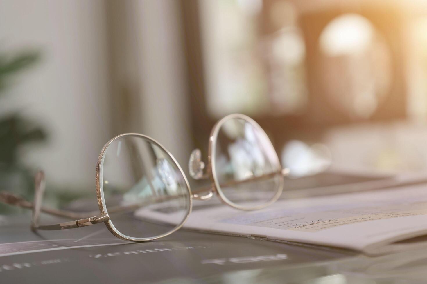 Eyeglasses on table, progressive lenses, eyeglasses for the elderly