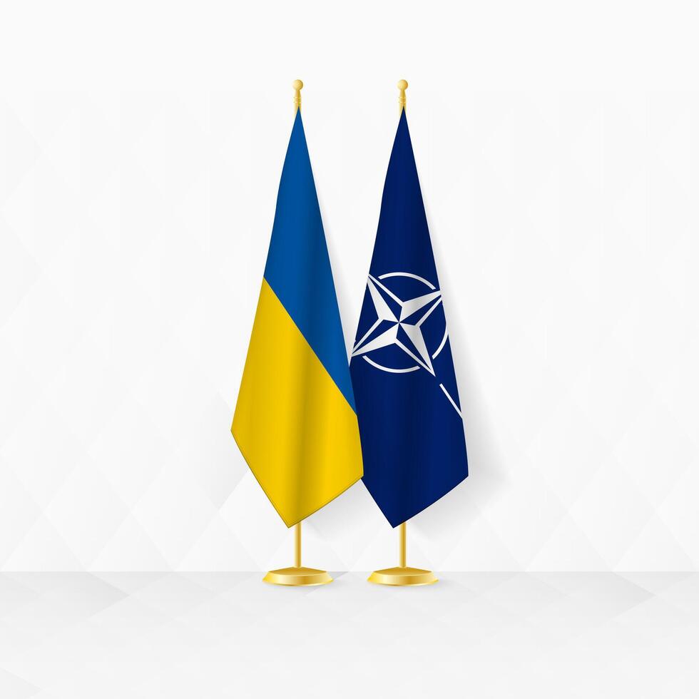 Ukraine and Nato flags on flag stand, illustration for diplomacy and other meeting between Ukraine and Nato. vector
