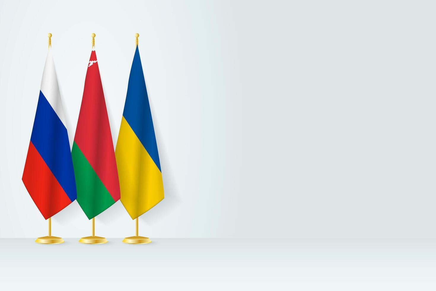 Flags of Russia, Belarus and Ukraine stand in row on indoor flagpole. vector