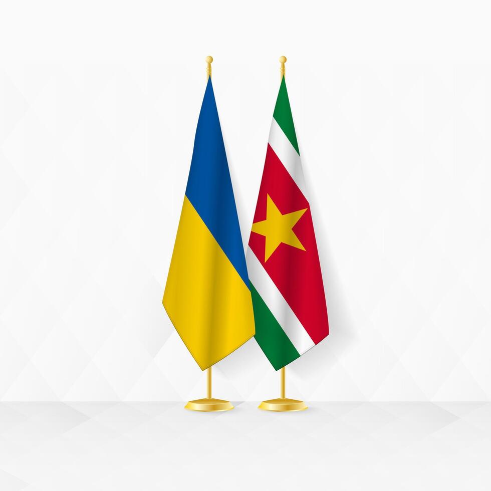 Ukraine and Suriname flags on flag stand, illustration for diplomacy and other meeting between Ukraine and Suriname. vector