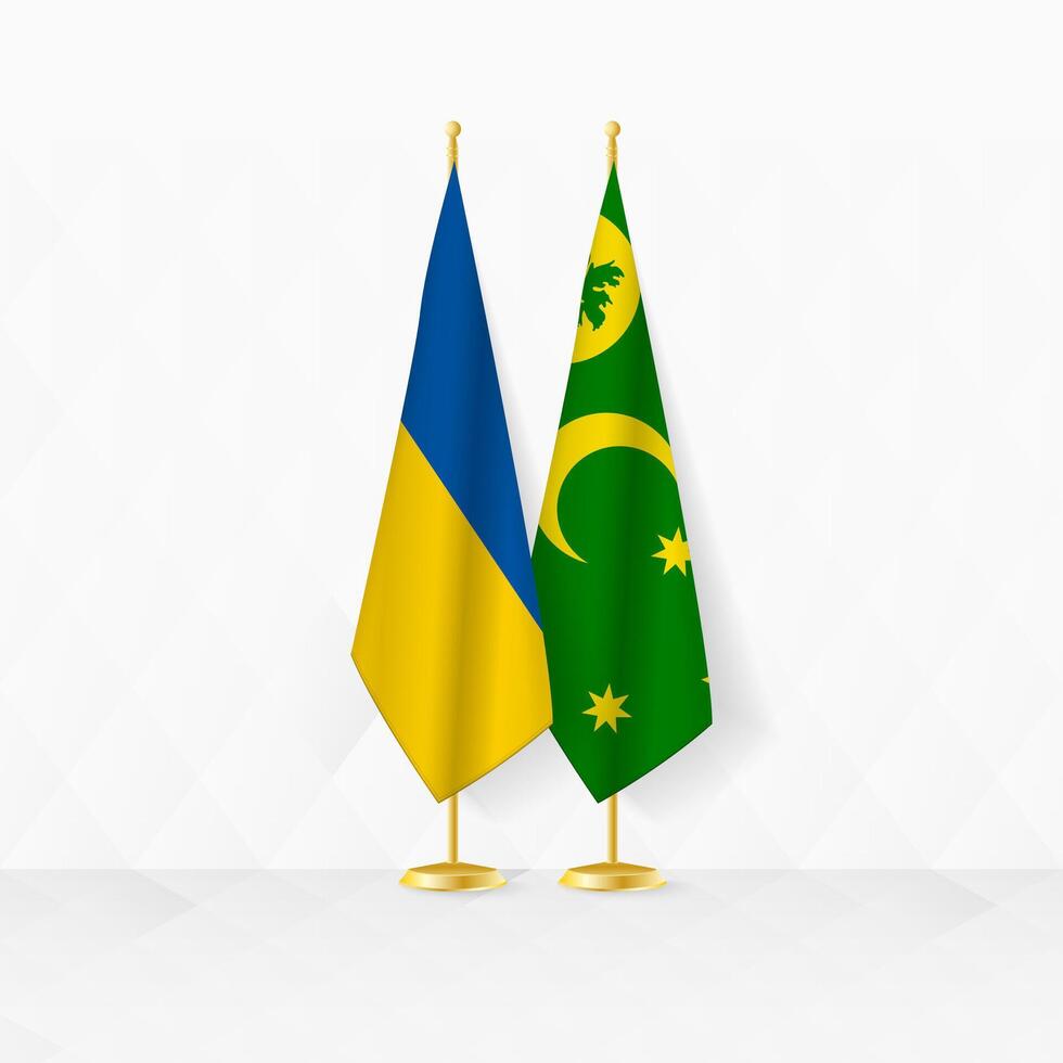 Ucrania y cocos islas banderas en bandera pararse, ilustración para diplomacia y otro reunión Entre Ucrania y cocos islas vector