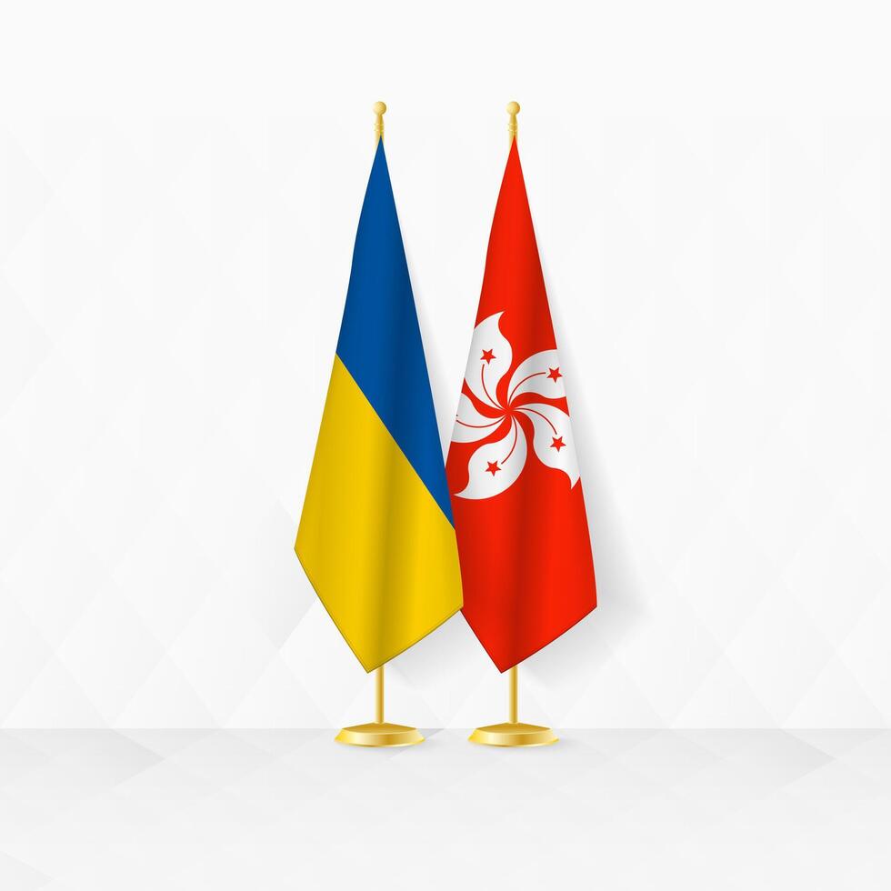 Ukraine and Hong Kong flags on flag stand, illustration for diplomacy and other meeting between Ukraine and Hong Kong. vector