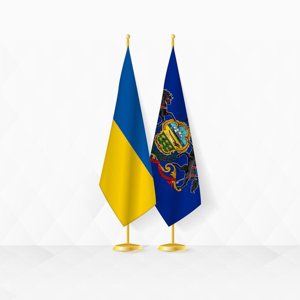 Ukraine and Pennsylvania flags on flag stand, illustration for diplomacy and other meeting between Ukraine and Pennsylvania. vector