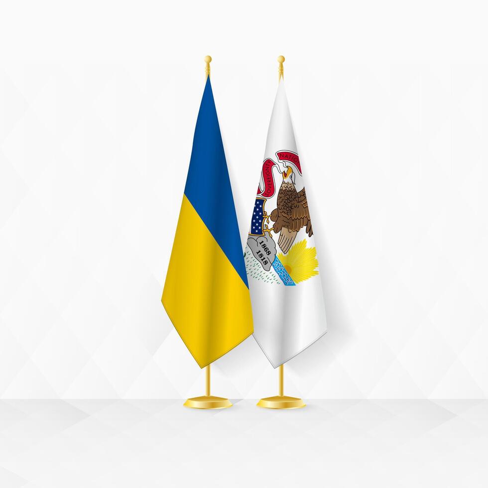 Ukraine and Illinois flags on flag stand, illustration for diplomacy and other meeting between Ukraine and Illinois. vector