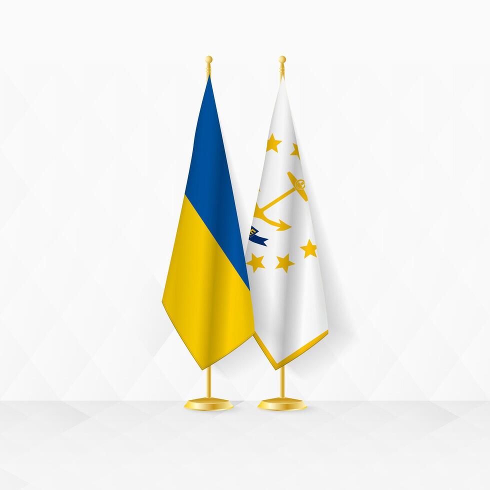 Ukraine and Rhode Island flags on flag stand, illustration for diplomacy and other meeting between Ukraine and Rhode Island. vector