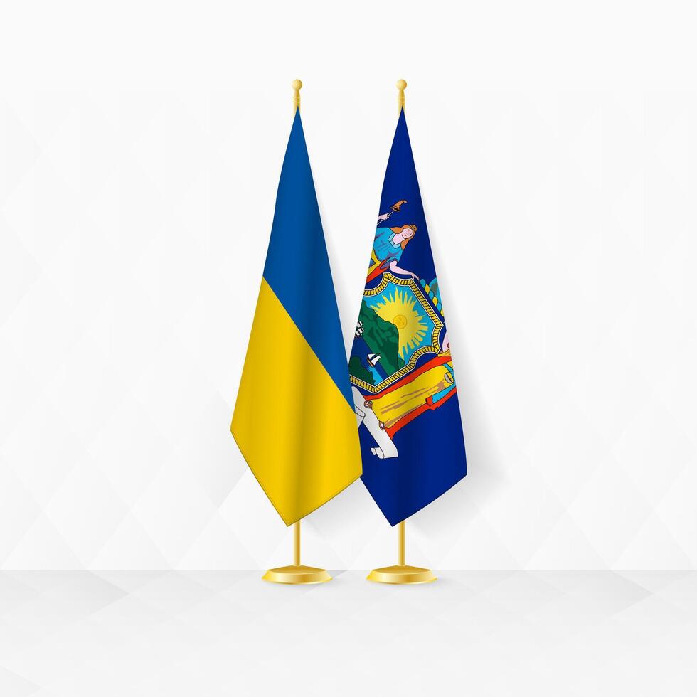 Ukraine and New York flags on flag stand, illustration for diplomacy and other meeting between Ukraine and New York. vector