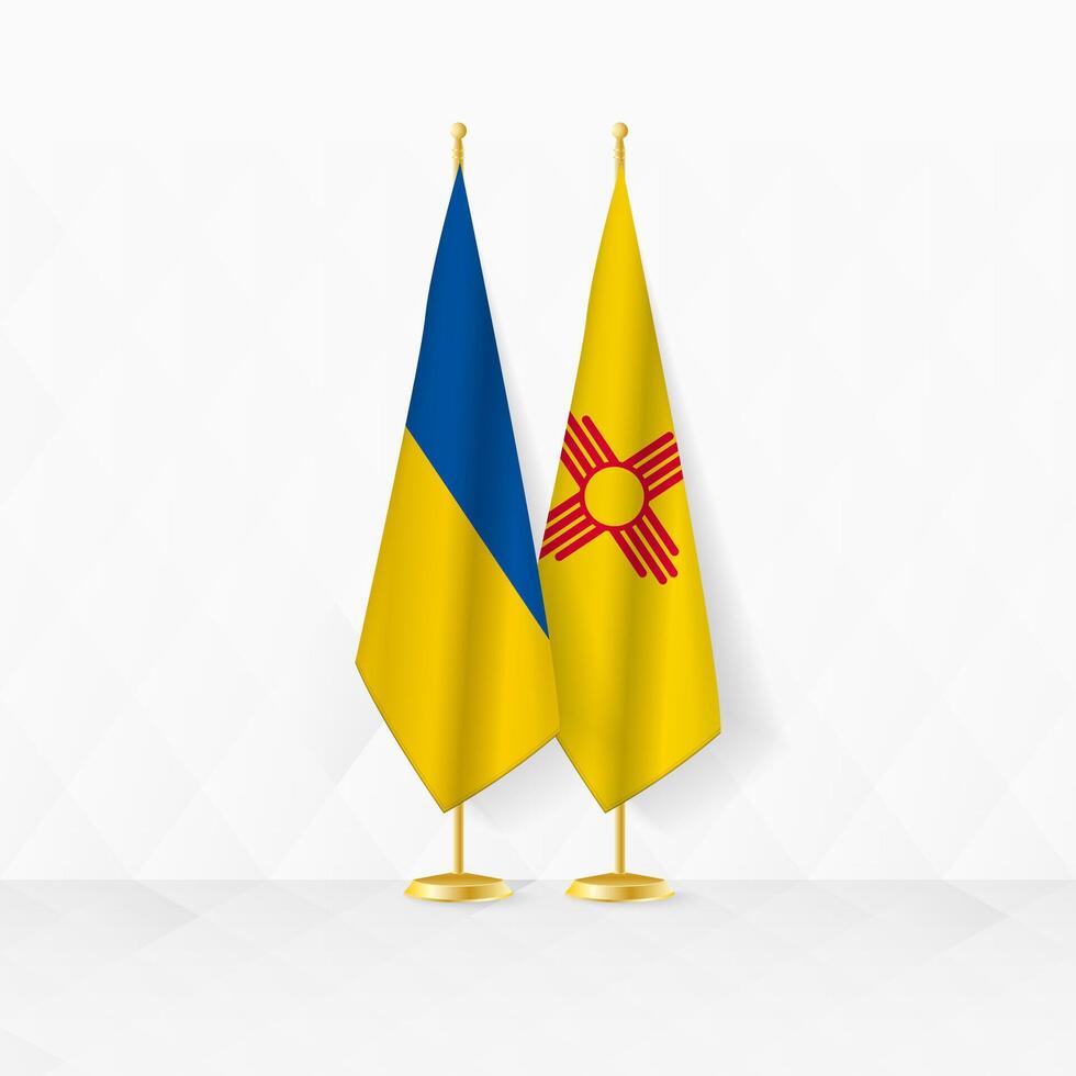 Ukraine and New Mexico flags on flag stand, illustration for diplomacy and other meeting between Ukraine and New Mexico. vector