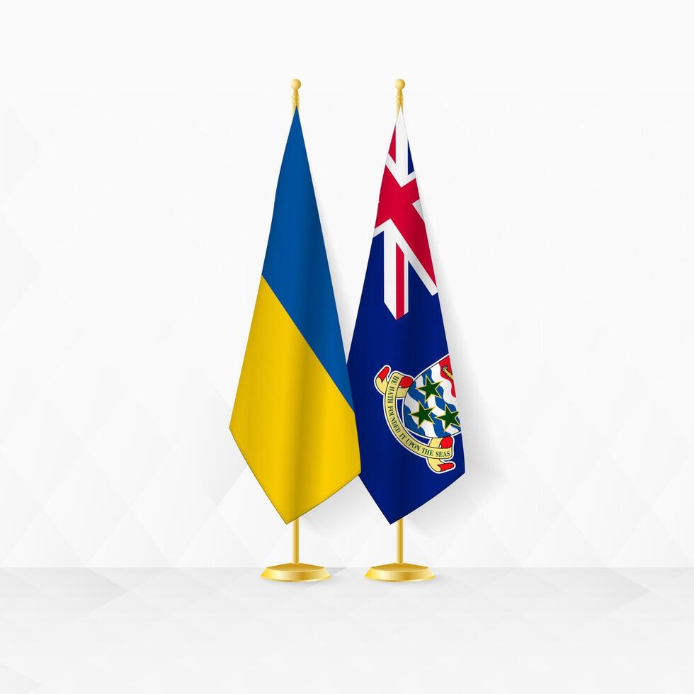 Ukraine and Cayman Islands flags on flag stand, illustration for diplomacy and other meeting between Ukraine and Cayman Islands. vector