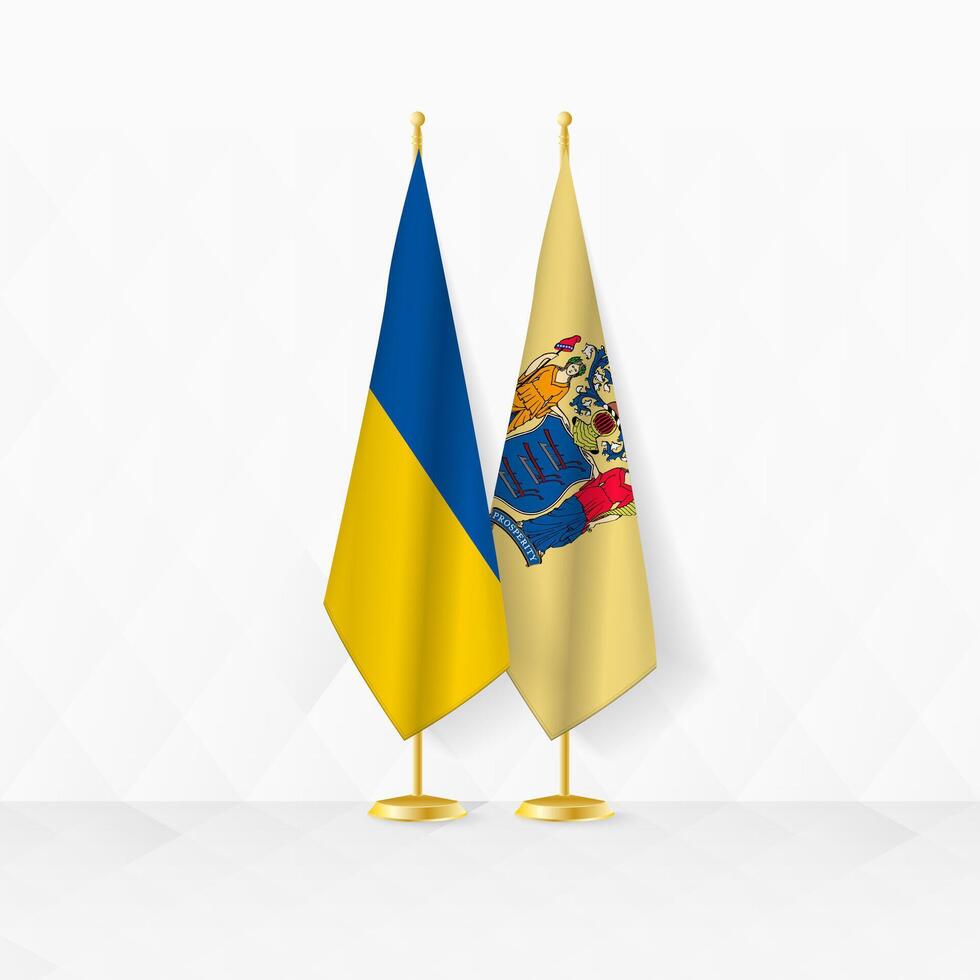 Ukraine and New Jersey flags on flag stand, illustration for diplomacy and other meeting between Ukraine and New Jersey. vector