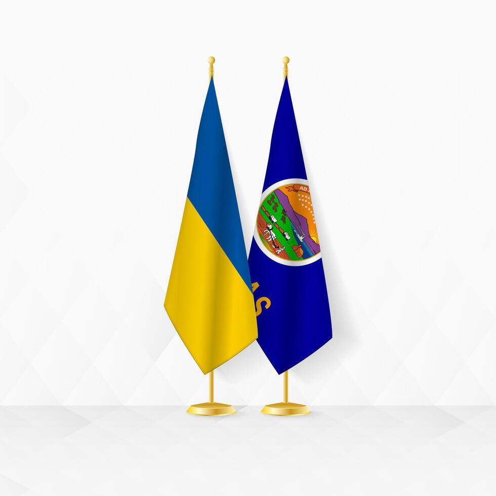 Ukraine and Kansas flags on flag stand, illustration for diplomacy and other meeting between Ukraine and Kansas. vector