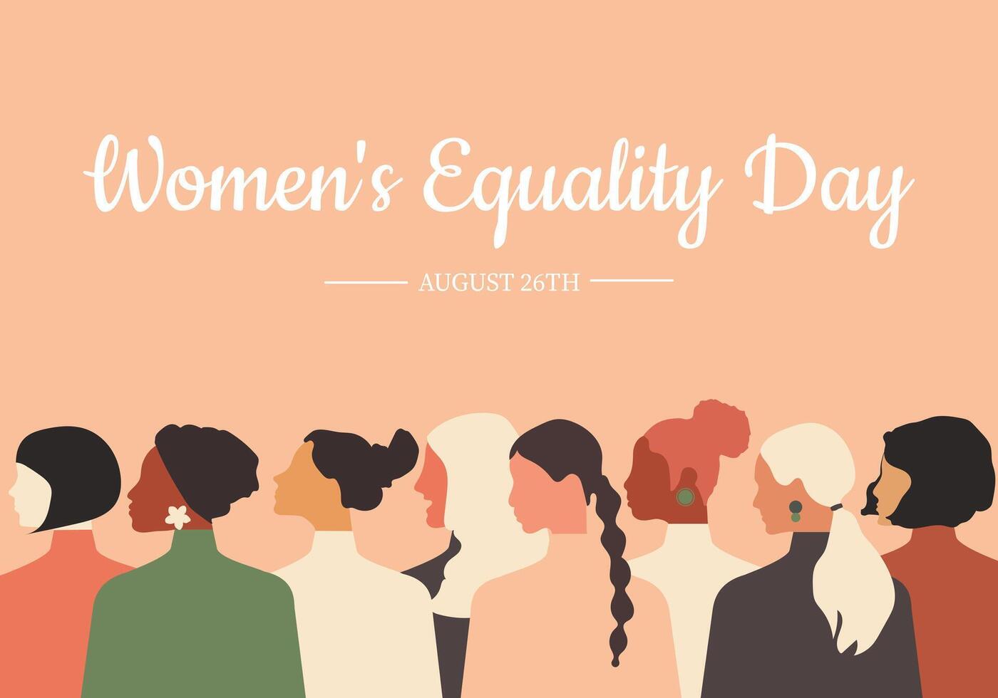 De las mujeres igualdad día. mujer de diferente siglos, nacionalidades y religiones reunir juntos en un horizontal ligero rosado póster. vector. vector