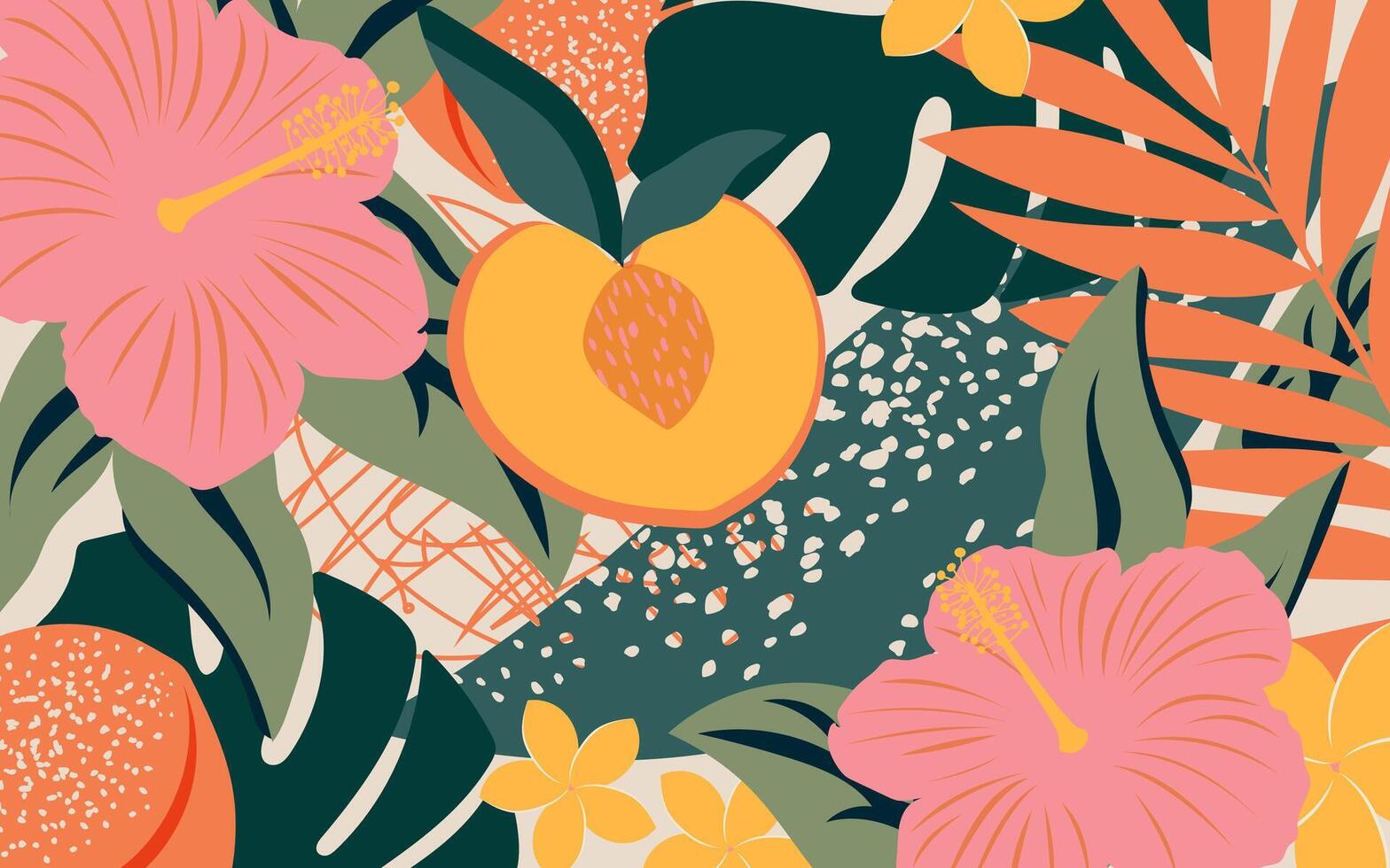 Modern peach floral collage. Exotic tropical leaves with fruits create a horizontal poster for interior decor design. Vector. vector