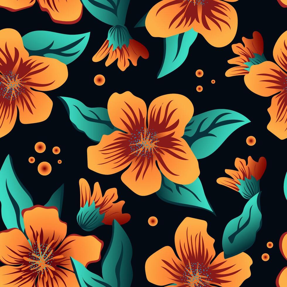 Hand drawn yellow orange hibiscus with blue leaves. Tropical atmosphere with flowers creates a seamless pattern with a black background for modern fabrics and textiles. Vector. vector