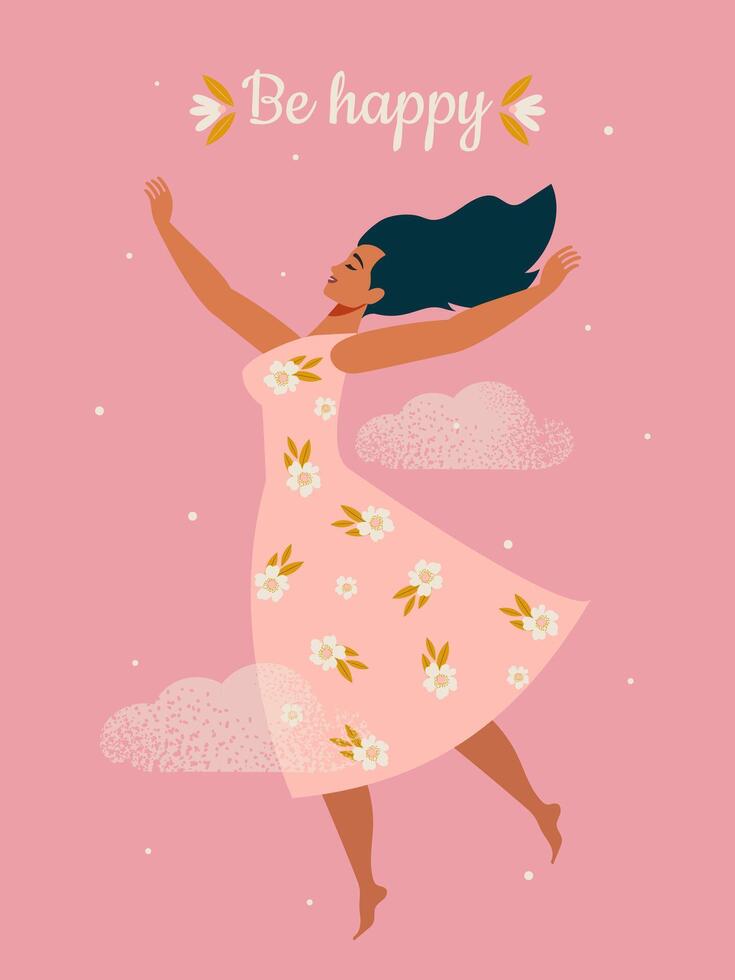 Happy woman in love in a flower dress enjoys herself. A young woman is experiencing ease of mental health. Vector. vector