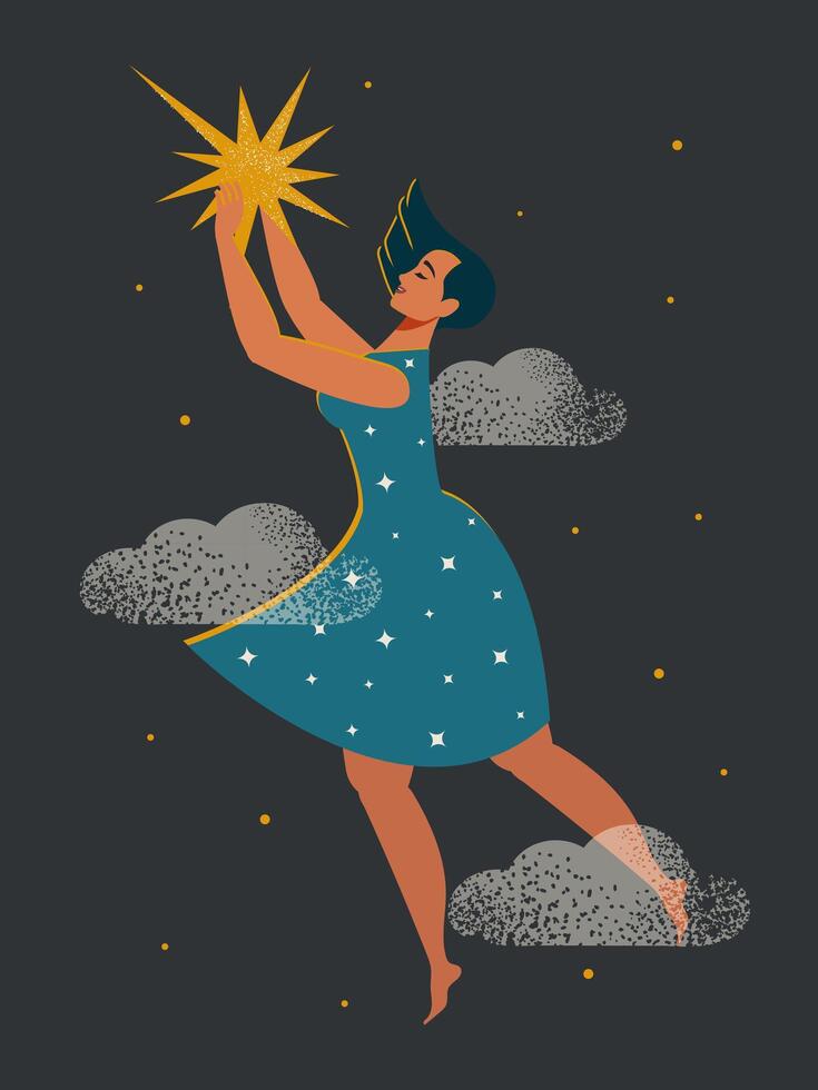 mujer con un estrella. linda contento mujer en un azul vestir volador en el nubes con un amarillo estrella en su manos. seguir tu Sueños. vector. vector