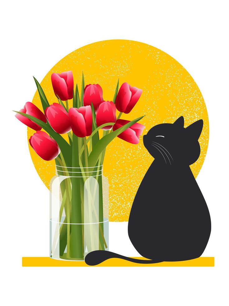 A black cute cat sits with red tulips. Vector