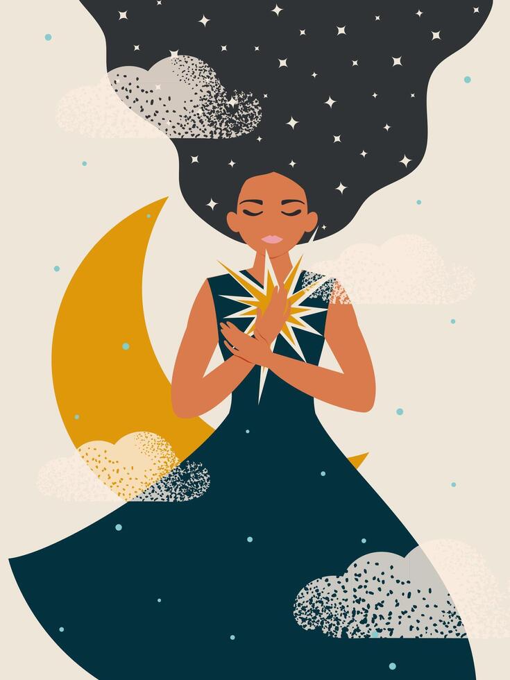 un mujer abrazos su estrella de guía estrella, sentado en un creciente Luna entre el nubes, soñando de un feliz, pacífico futuro. vector. vector