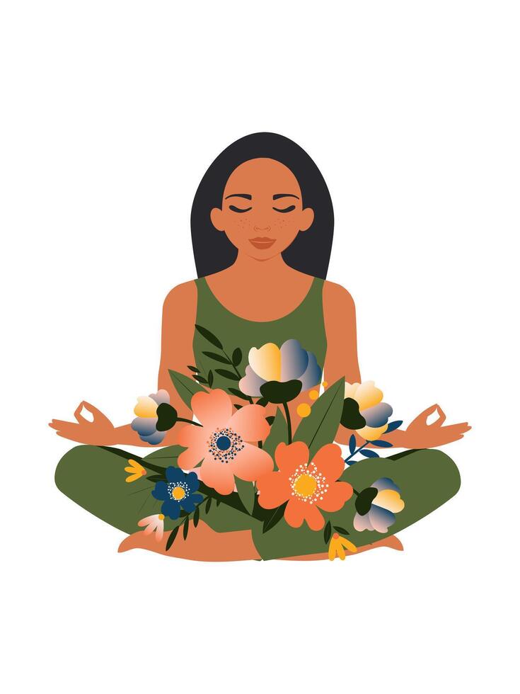 gratis y positivo mente concepto. un hermosa mujer medita y su alma y mental salud florecer. vector. vector