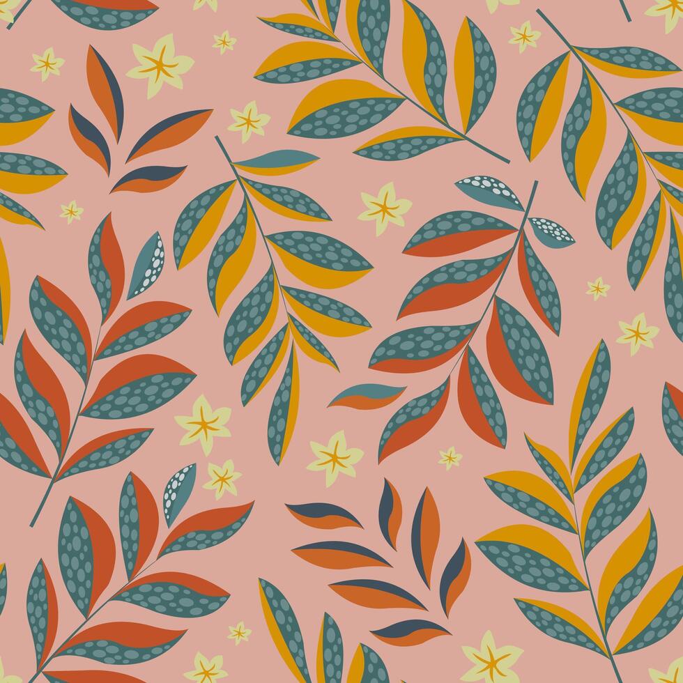 Colorful fantasy leaves on branches with small flowers form a seamless pattern for textiles. Vector. vector