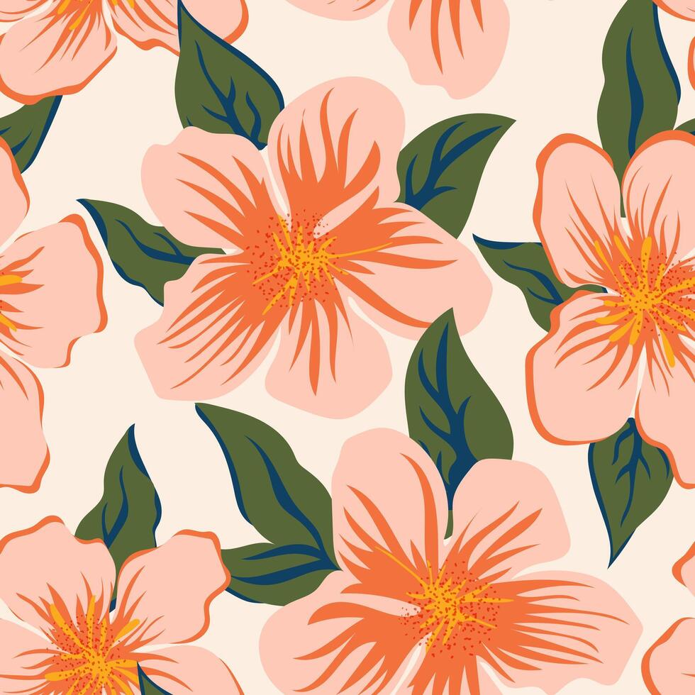 Pink hibiscus hand drawn with leaves. Tropical vibe with flowers creates a seamless pattern for contemporary fabrics and textiles. Vector. vector