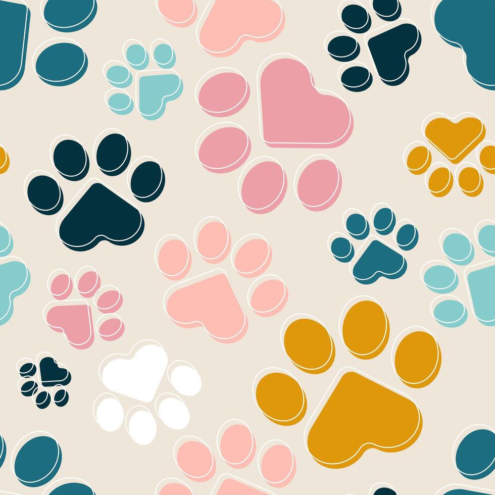 Paws or footprints of cats and dogs on a white seamless pattern. Vector