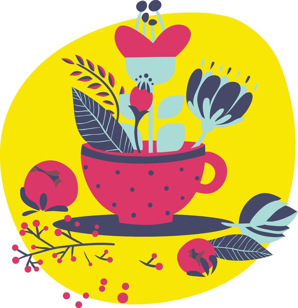 un vistoso ilustración de un taza de té con flores vector
