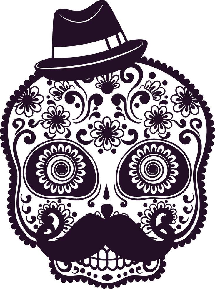 sugar skull with hat and mustache vector