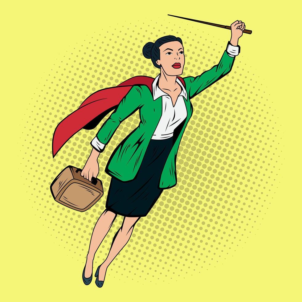 Women Teacher Super Hero Comic Pop Art Vector Stock Illustration