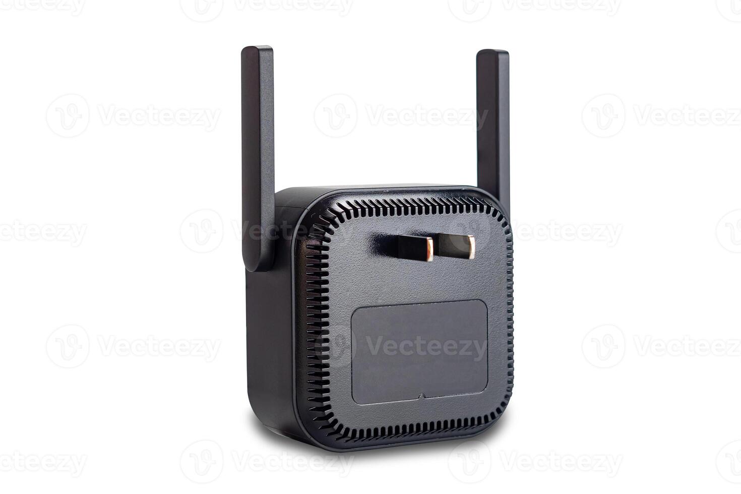 Wireless wi fi signal range extender or wireless internet  repeater with adjustable antennas and pins for plugged in to home electric socket isolated on white background with clipping path. photo