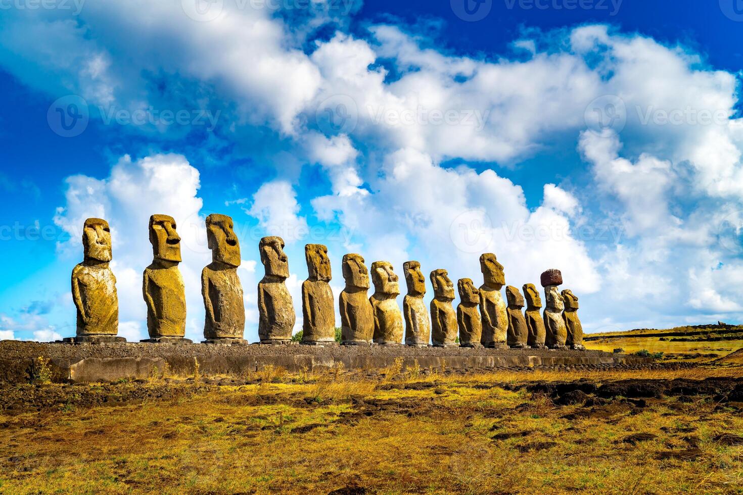 The 15 Moais at Ahu Tongariki in Rapa Nui National Park on Easter Island in Chile photo