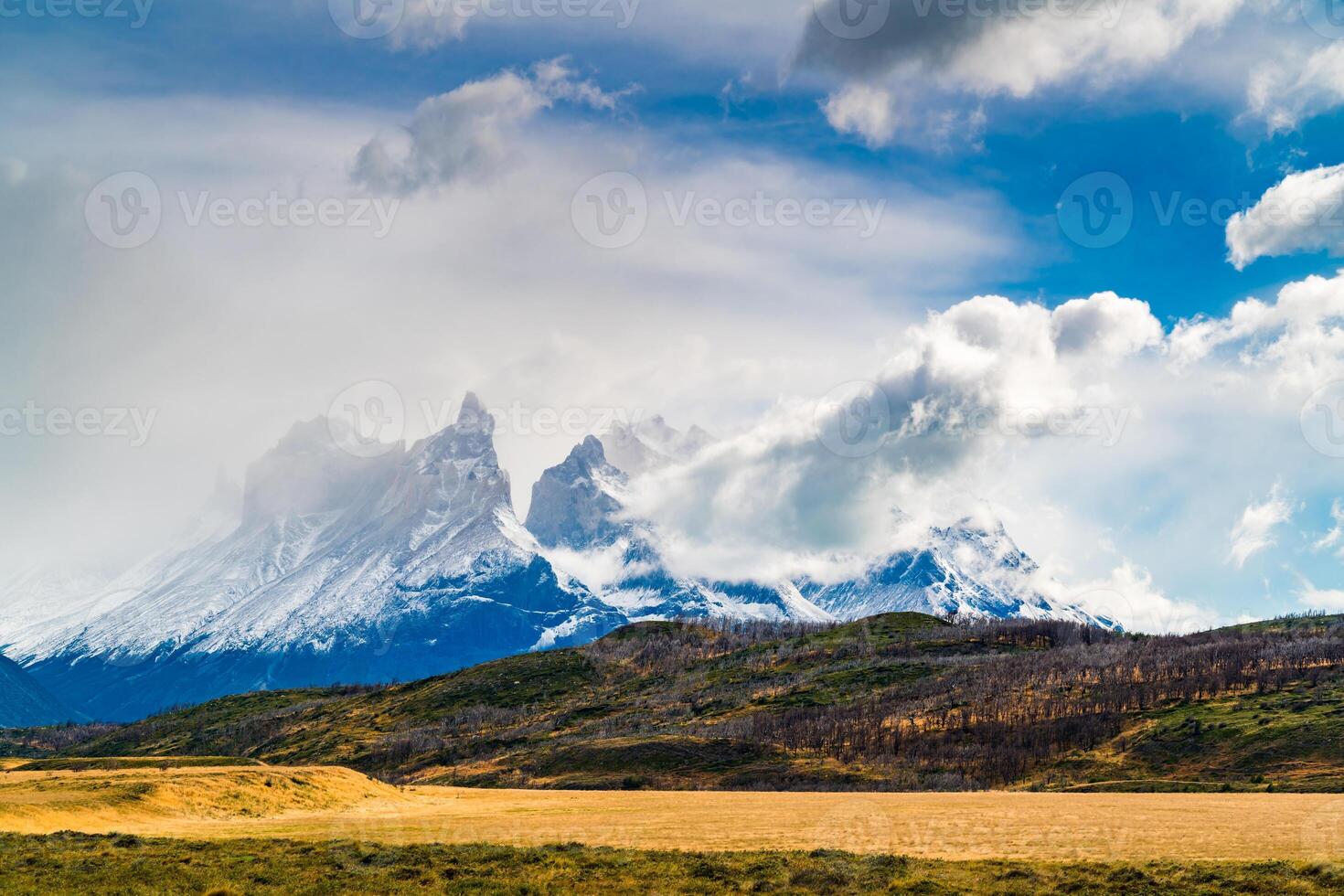 Landscape with snow capped Cuernos Del Paine mountain at Torres del Paine National Park in Southern Chilean Patagonia, Chile photo